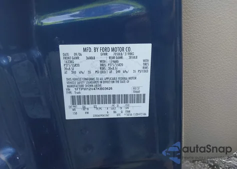 2007 Ford F-150 Lariat/Xlt z USA, uszkodzony, nr VIN 1FTPW12V47KB03626